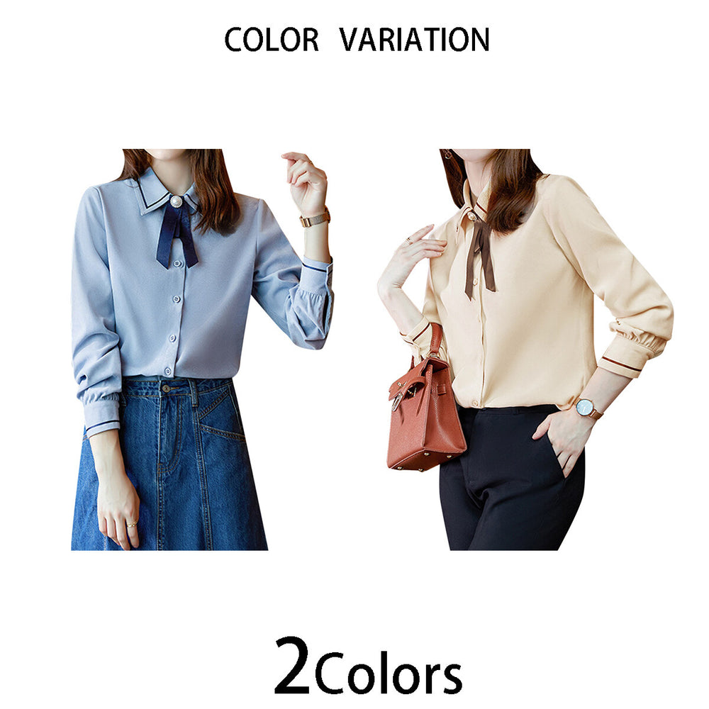 Women Shirt Solid Color Stand Collar Long Sleeve Daily Commuter Versatile Classic Business Detachable Necktie Image 2