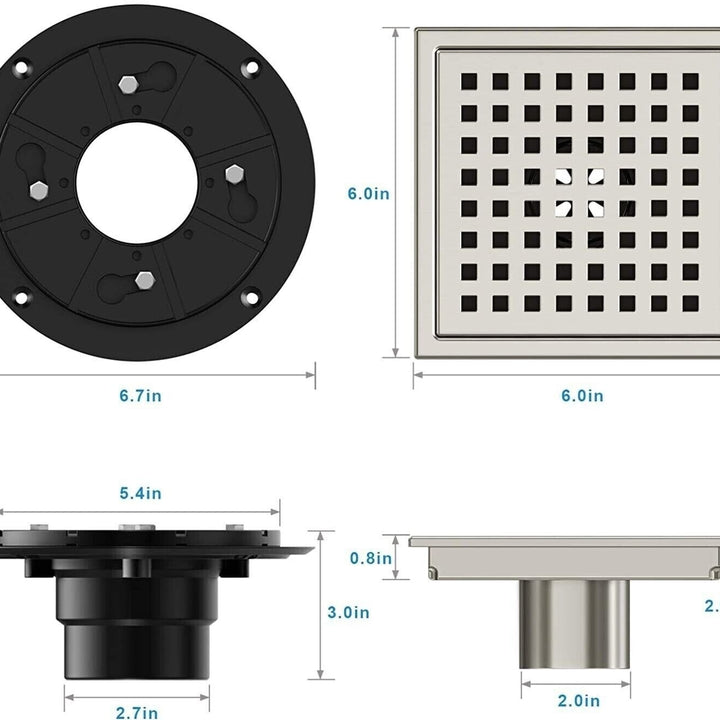 6 Inch Square Shower Floor Drain Stainless Steel Removable Grate High Flow 304 Image 3