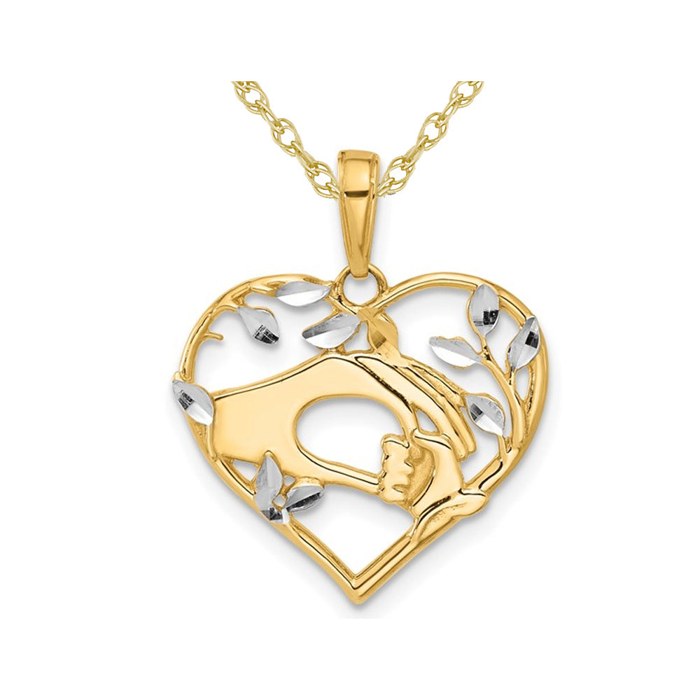 14K Yellow Gold Mother and Child Hands Heart Charm Pendant Necklace with Chain Image 1