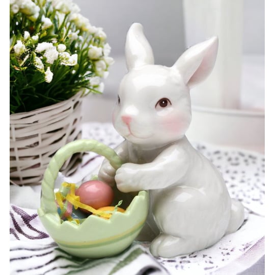 Ceramic Bunny Rabbit Easter Egg Basket Figurine 3.5in Spring Gift Image 1