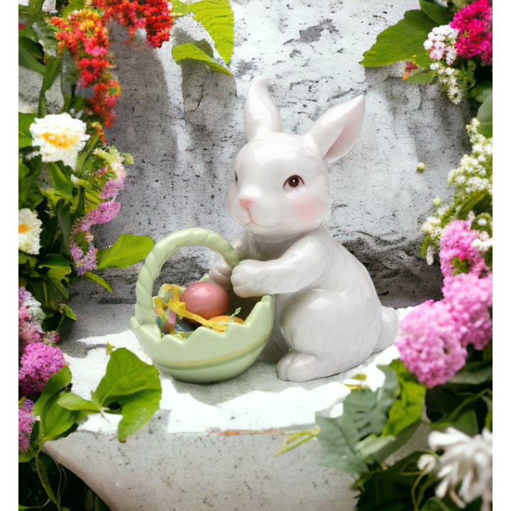 Ceramic Bunny Rabbit Easter Egg Basket Figurine 3.5in Spring Gift Image 2