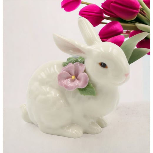 Ceramic Bunny Rabbit Figurine with Pink Pansy Flower 4.5in Gift Image 1