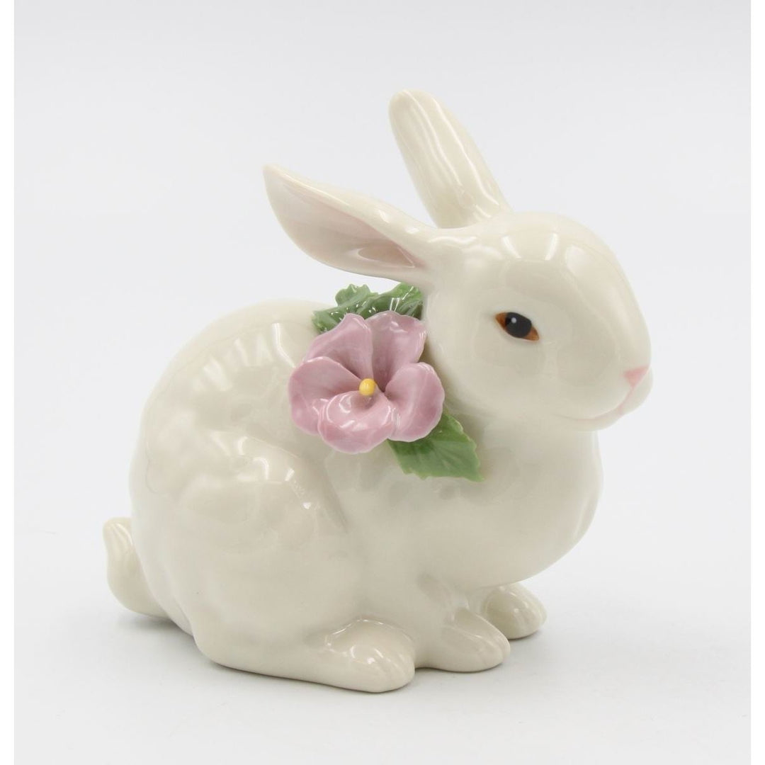 Ceramic Bunny Rabbit Figurine with Pink Pansy Flower 4.5in Gift Image 3