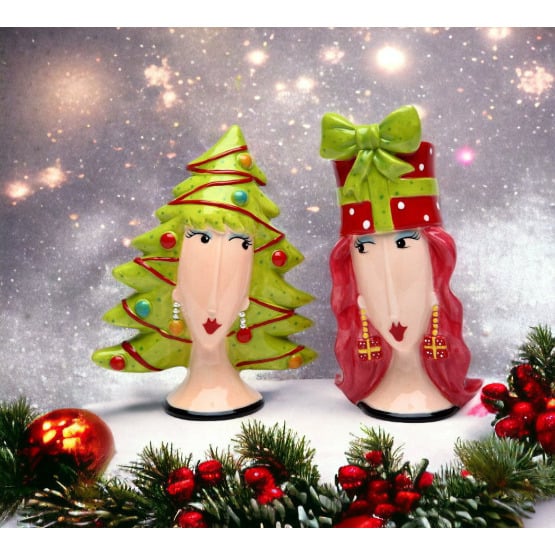 Ceramic Lady Wigs Christmas Tree Salt and Pepper Shakers Gift Set Image 1