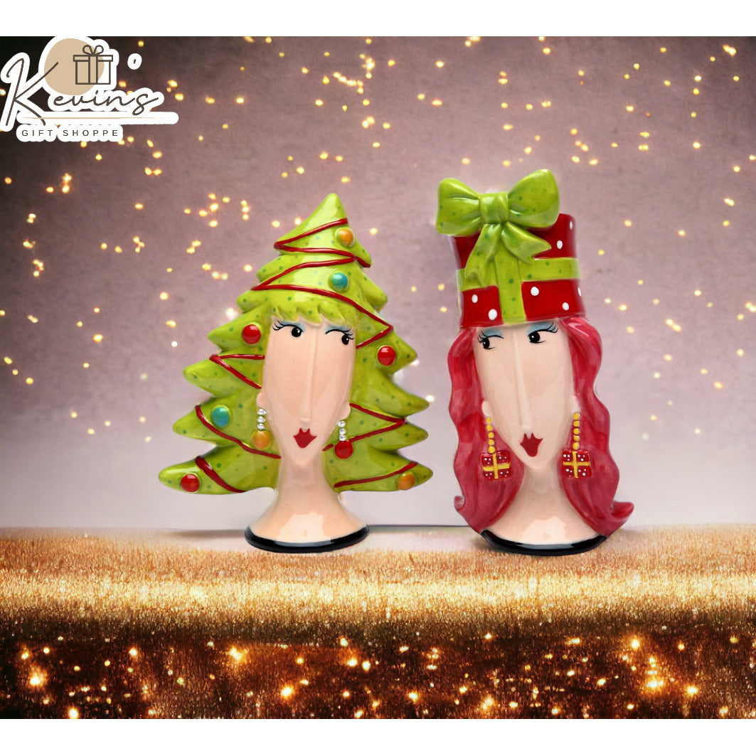 Ceramic Lady Wigs Christmas Tree Salt and Pepper Shakers Gift Set Image 2