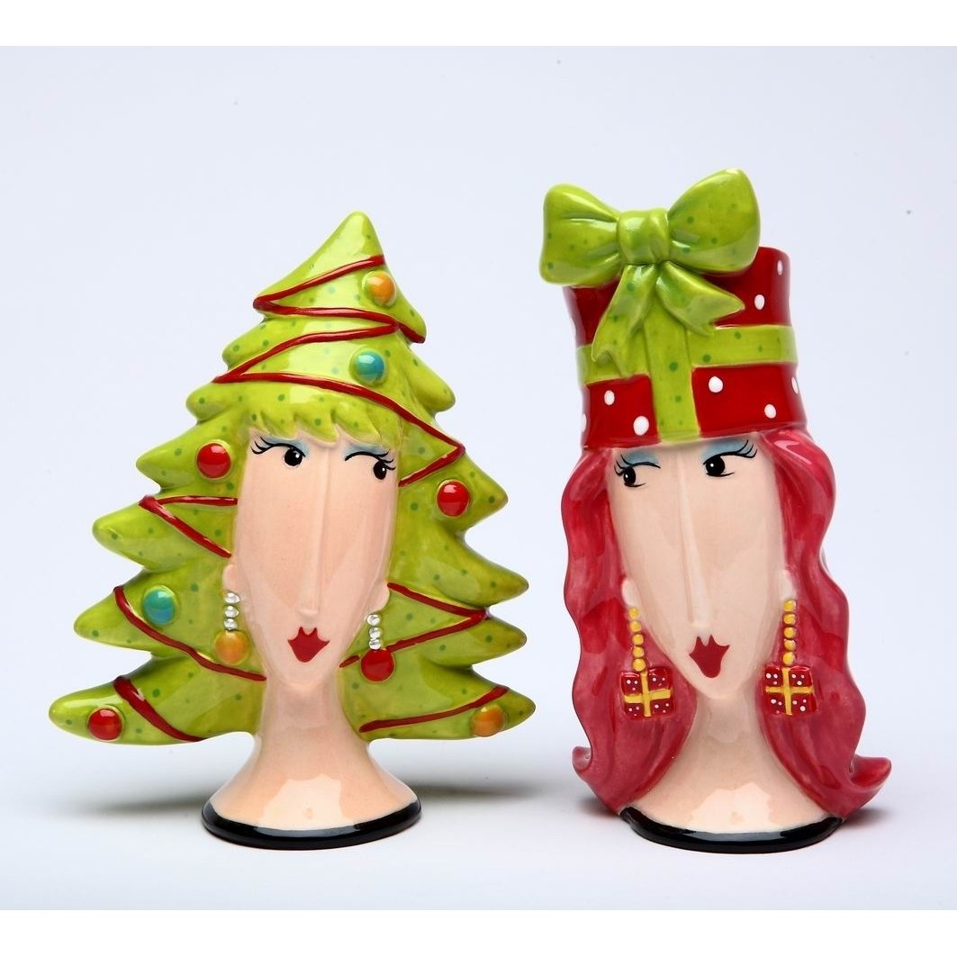 Ceramic Lady Wigs Christmas Tree Salt and Pepper Shakers Gift Set Image 3