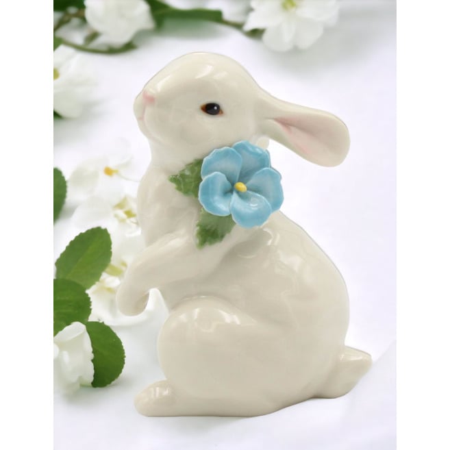 Ceramic White Rabbit Figurine with Blue Pansy Flower 3.5" Gift Image 1