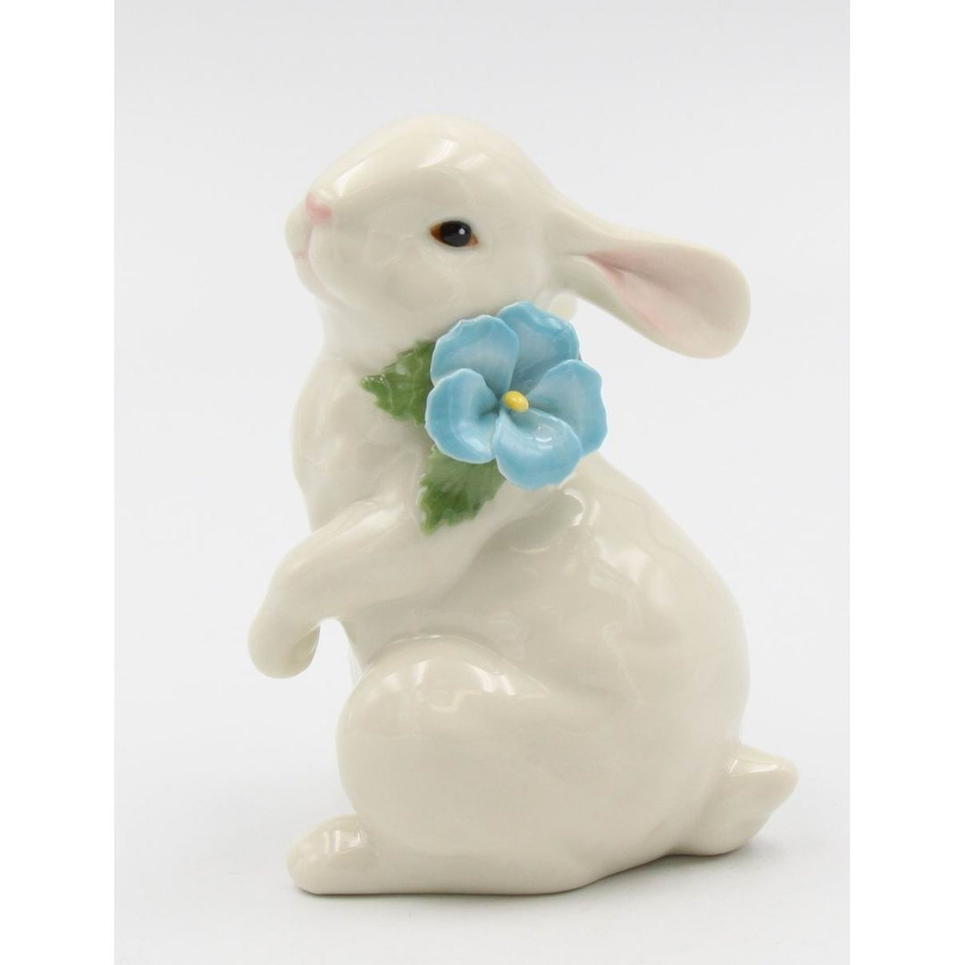 Ceramic White Rabbit Figurine with Blue Pansy Flower 3.5" Gift Image 3