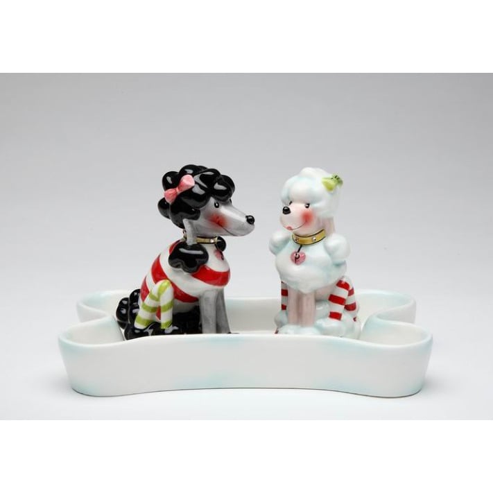 Ceramic Poodle Dogs Salt and Pepper Shakers with Bone Tray Gift Image 2