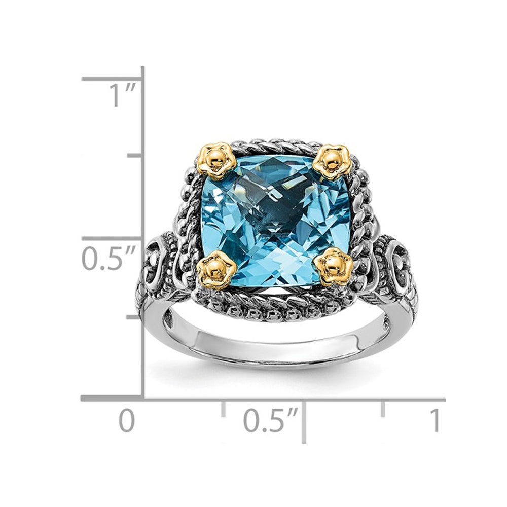 8.50 Carat (ctw) Cushion-Cut Blue Topaz Ring in Sterling Silver with 14K Gold Accents Image 2