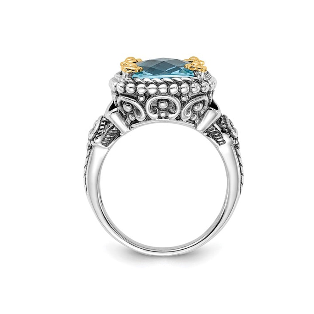 8.50 Carat (ctw) Cushion-Cut Blue Topaz Ring in Sterling Silver with 14K Gold Accents Image 3