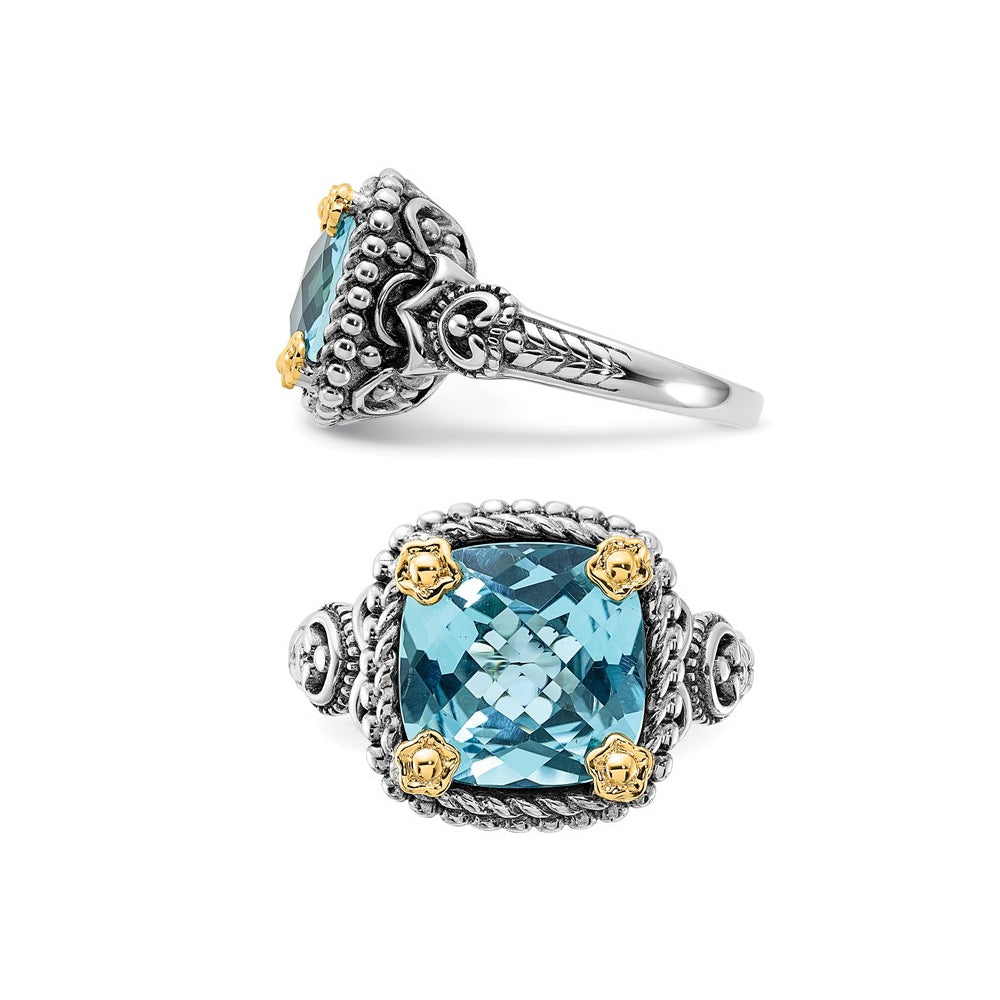 8.50 Carat (ctw) Cushion-Cut Blue Topaz Ring in Sterling Silver with 14K Gold Accents Image 4