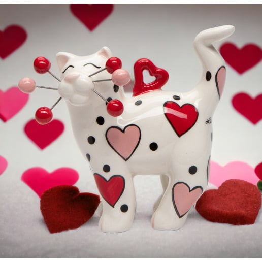 Ceramic Cat Ornament Red Pink Heart 2.5in Gift for Cat Image 1