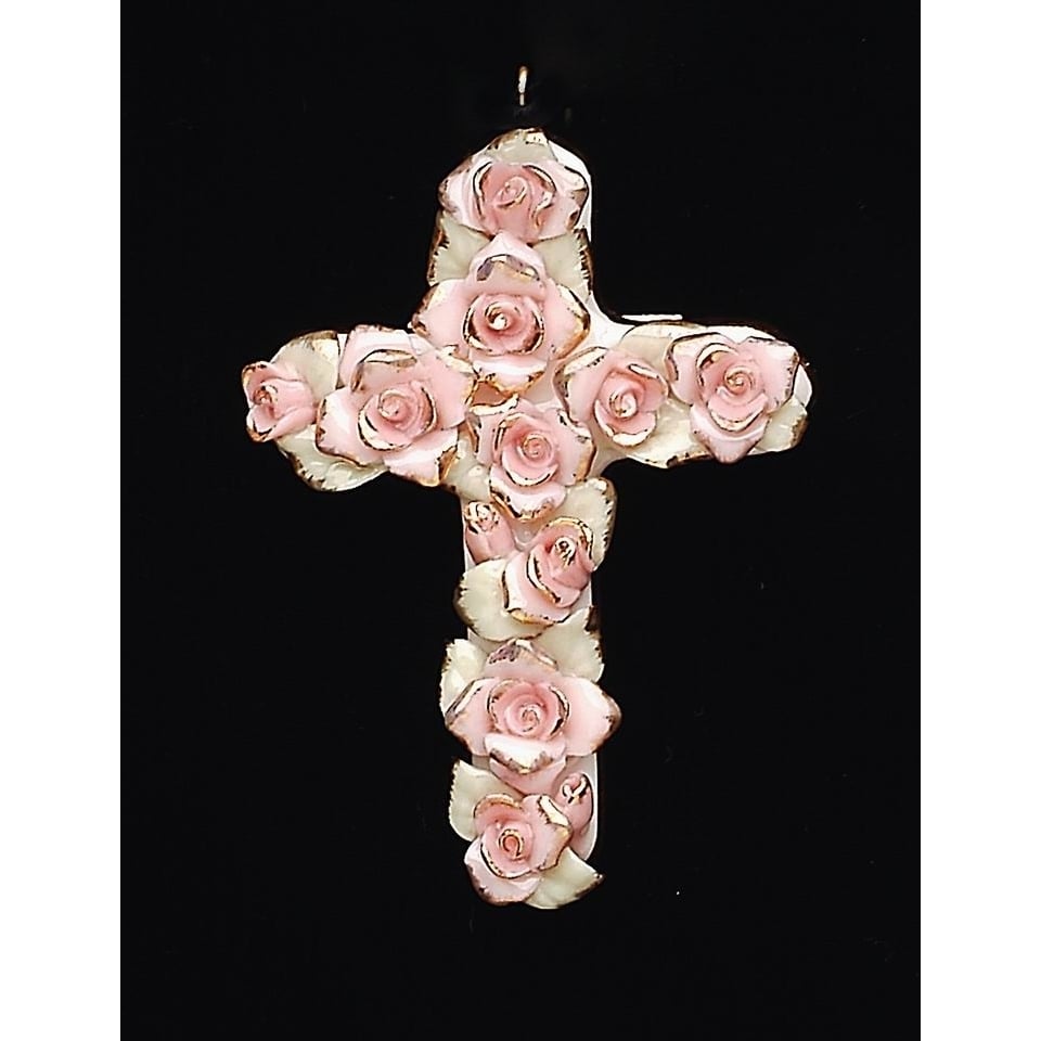 Ceramic Pink Roses Cross Pendant 1 3/4" x 2 1/2" Gift Image 3