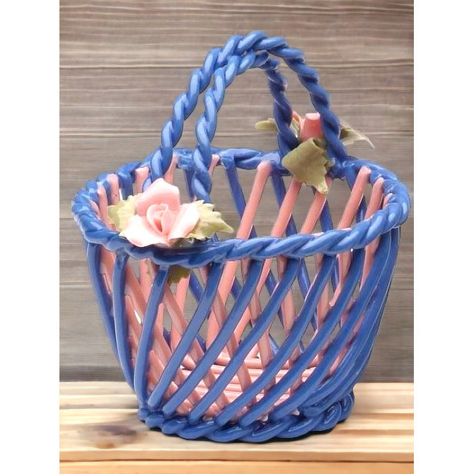 Ceramic Blue Basket with Pink Roses 3.75 inches  Nature Image 1