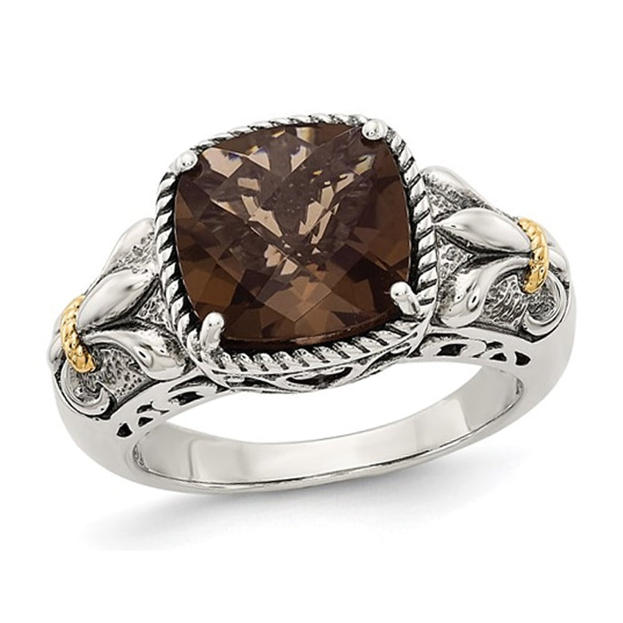 3.10 Carat (ctw) Cushion-Cut Smoky Quartz Ring in Antiqued Sterling Silver Image 1