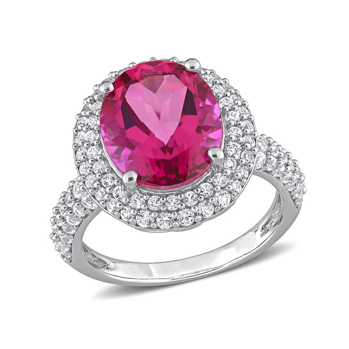 7.14 Carat (ctw) Pink Topaz and White Sapphire Halo Ring in Sterling Silver Image 1
