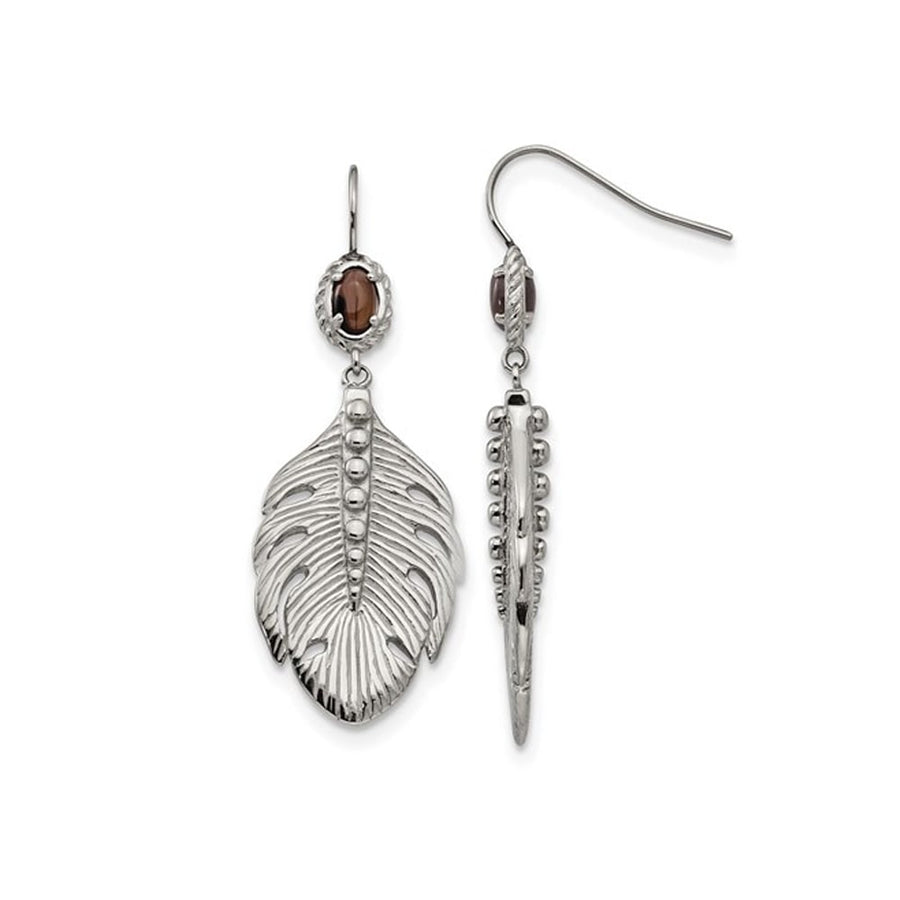 Stainless Steel Dangle Feather Earrings with Smoky Quartz Image 1