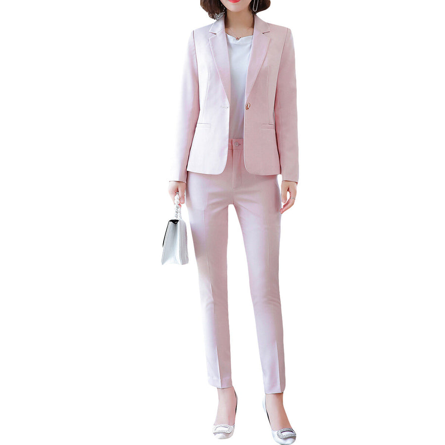 Women Two-Piece Set Suit Solid Color Business Casual One-Button Blazer Pants Trousers Image 1