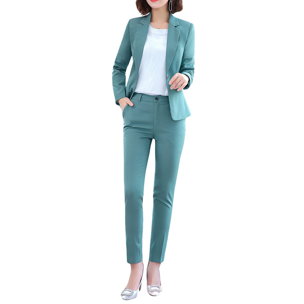 Women Two-Piece Set Suit Solid Color Business Casual One-Button Blazer Pants Trousers Image 2