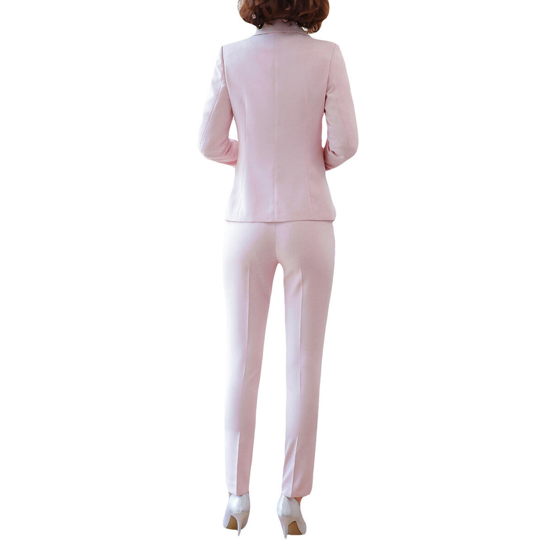 Women Two-Piece Set Suit Solid Color Business Casual One-Button Blazer Pants Trousers Image 4