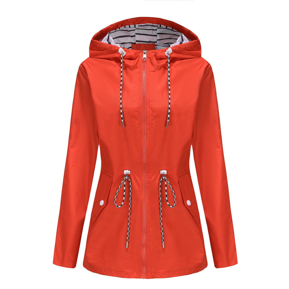 Women Trench Coat Solid Color Hooded Waist-Tightening Mid-Length Outerwear Ladies Swing Coat Image 2