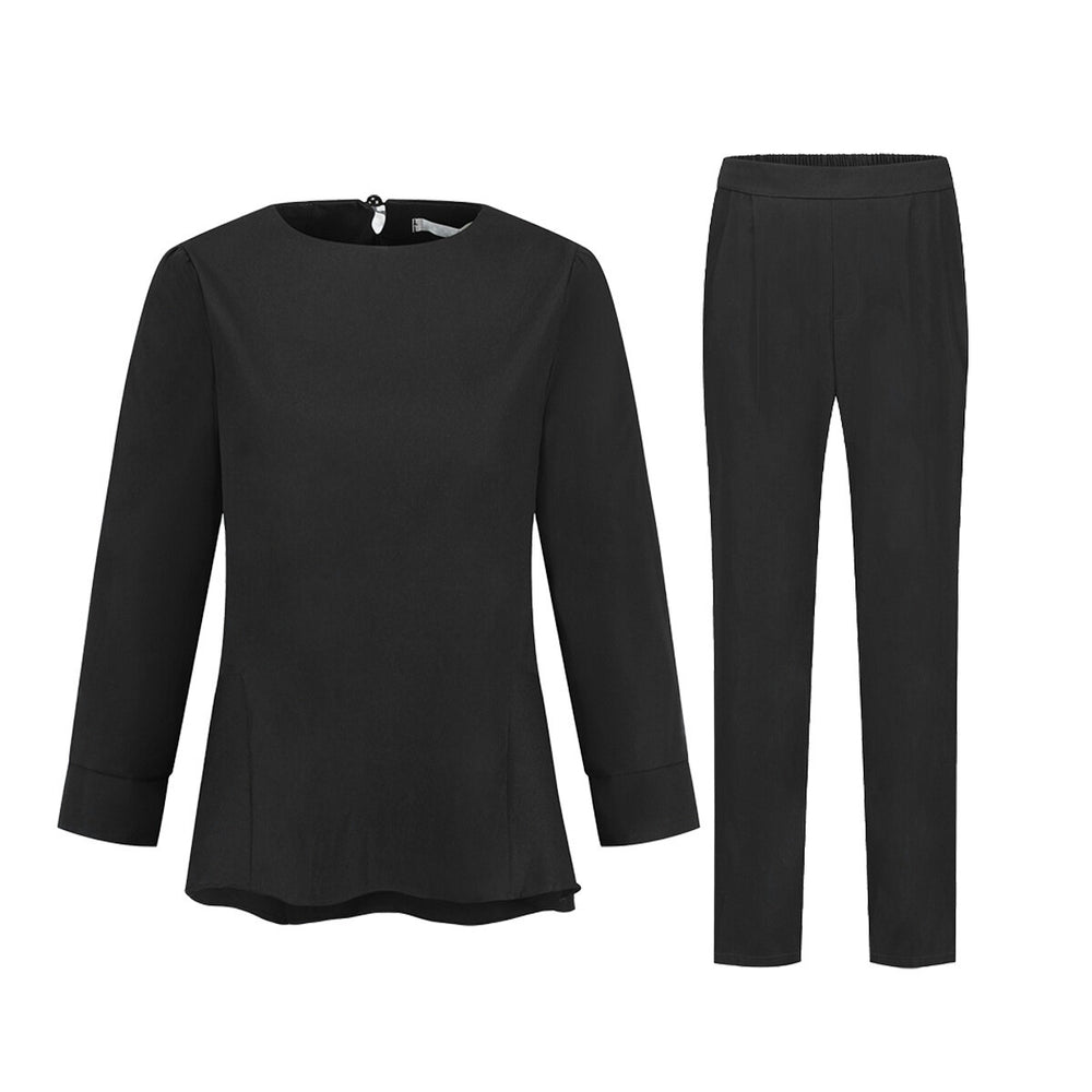 Womens Top Pants Shirt Two-piece Set Solid Color Round Neck Casual Daily Ruffled Hem Top Pants Minimalistic Image 2