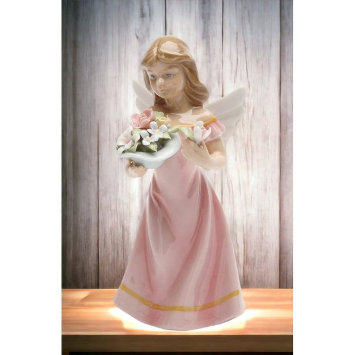 Ceramic Angel Figurine Pink Dress Garden  5.375" Tall Image 1