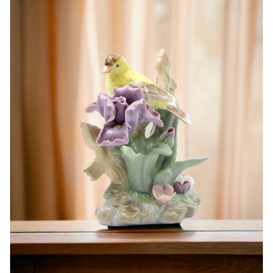 Ceramic Goldfinch Bird Figurine with Iris Flower 4.625 Inch Gift Image 1