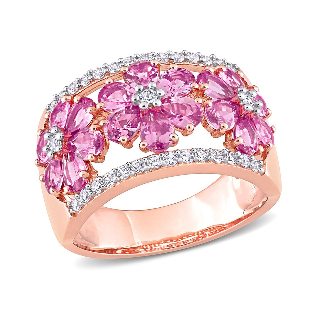 3.92 Carat (ctw) Pink and White Sapphire Flower Band Ring in 14K Rose Pink Gold Image 1