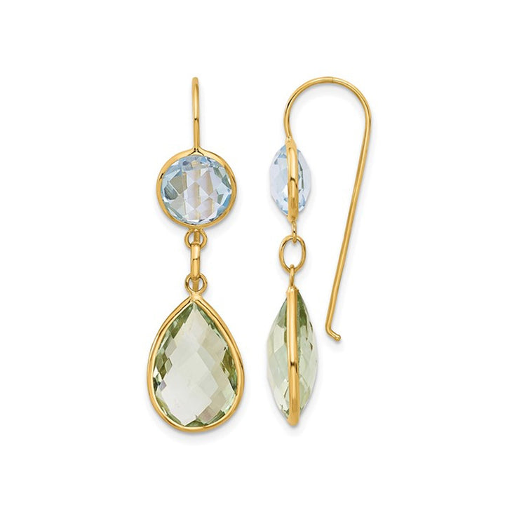 15 Carat (ctw) Green Amethyst and Blue Topaz Dangle Earrings in 14K Yellow Gold Image 1