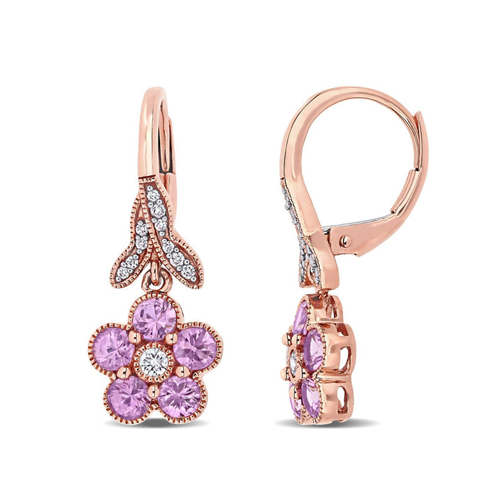 1.24 Carat (ctw) Pink Sapphire Dangle Flower Earrings in 14K Rose Pink Gold with Diamonds Image 1
