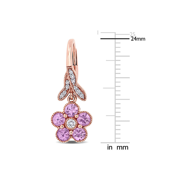 1.24 Carat (ctw) Pink Sapphire Dangle Flower Earrings in 14K Rose Pink Gold with Diamonds Image 2