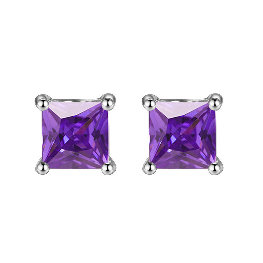 18k White Gold Plated 1/4 Carat Princess Cut Created Amethyst Stud Earrings 4mm Image 1