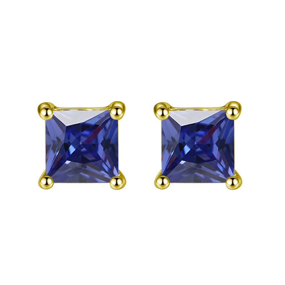 18k Yellow Gold Plated 1/4 Carat Princess Cut Created Blue Sapphire Stud Earrings 4mm Image 1