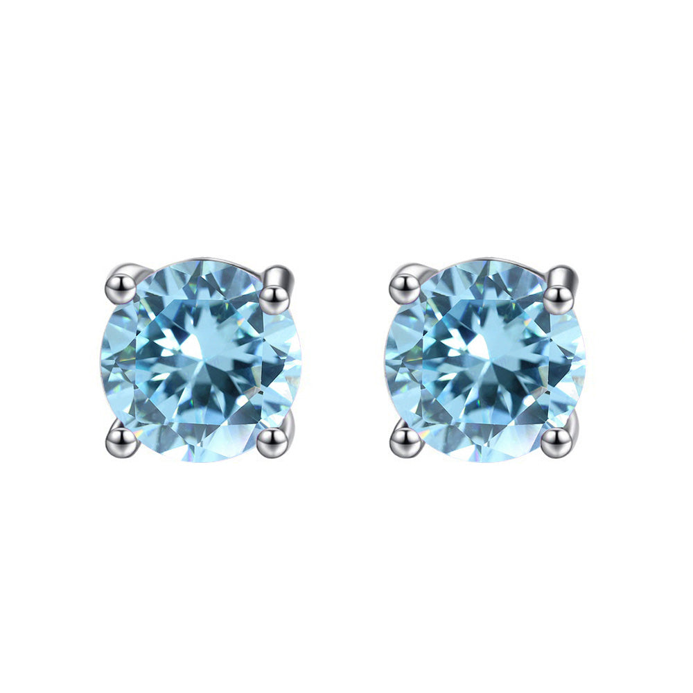 Paris Jewelry 14k White Gold Push Back Round Blue Topaz Stud Earrings (3MM) Plated Image 1