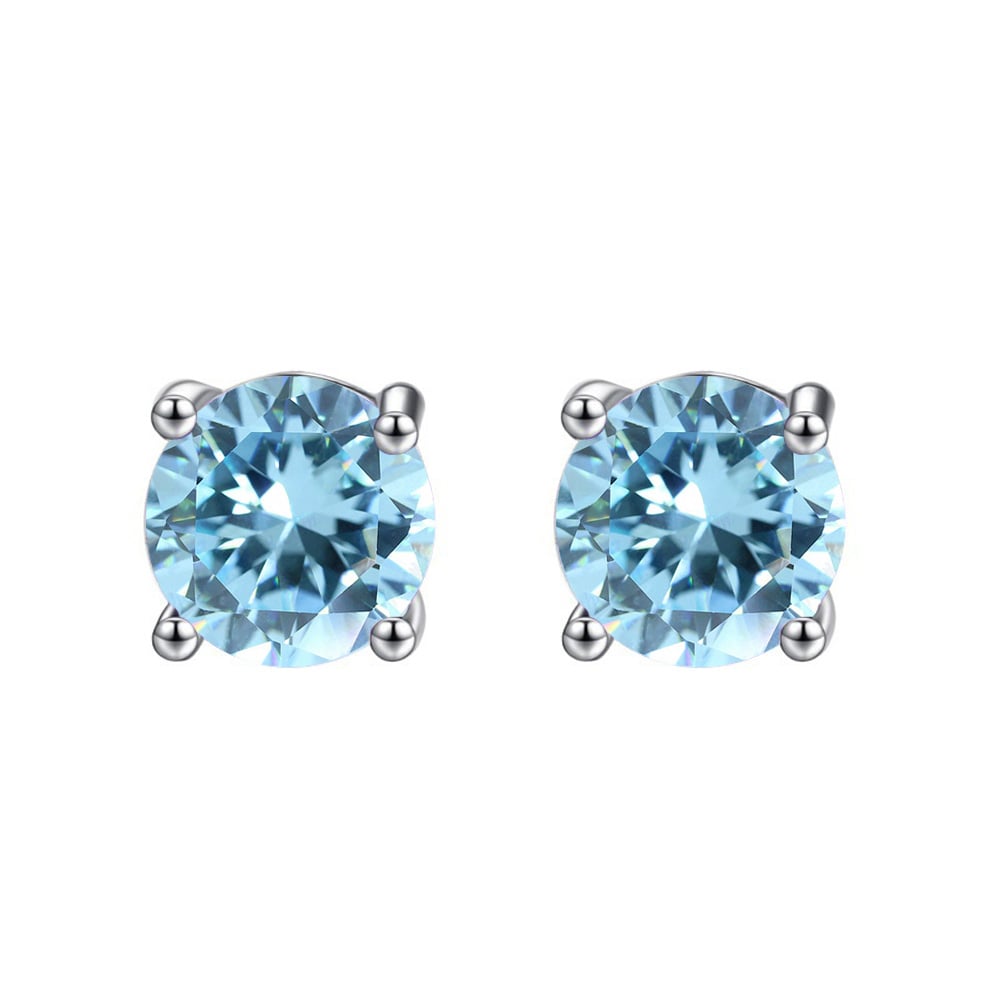 14k White Gold Plated 3 Carat Round Created Blue Topaz Sapphire Stud Earrings Image 1