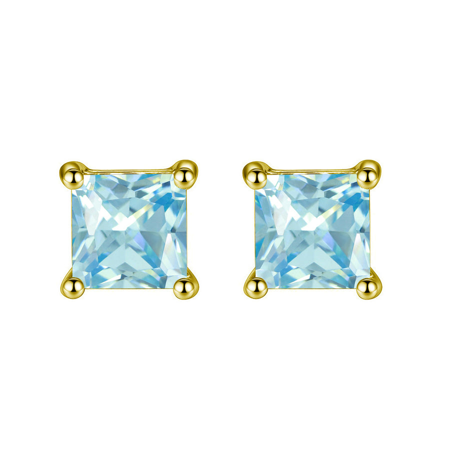 18k Yellow Gold Plated 1/4 Carat Princess Cut Created Blue Topaz Stud Earrings 4mm Image 1