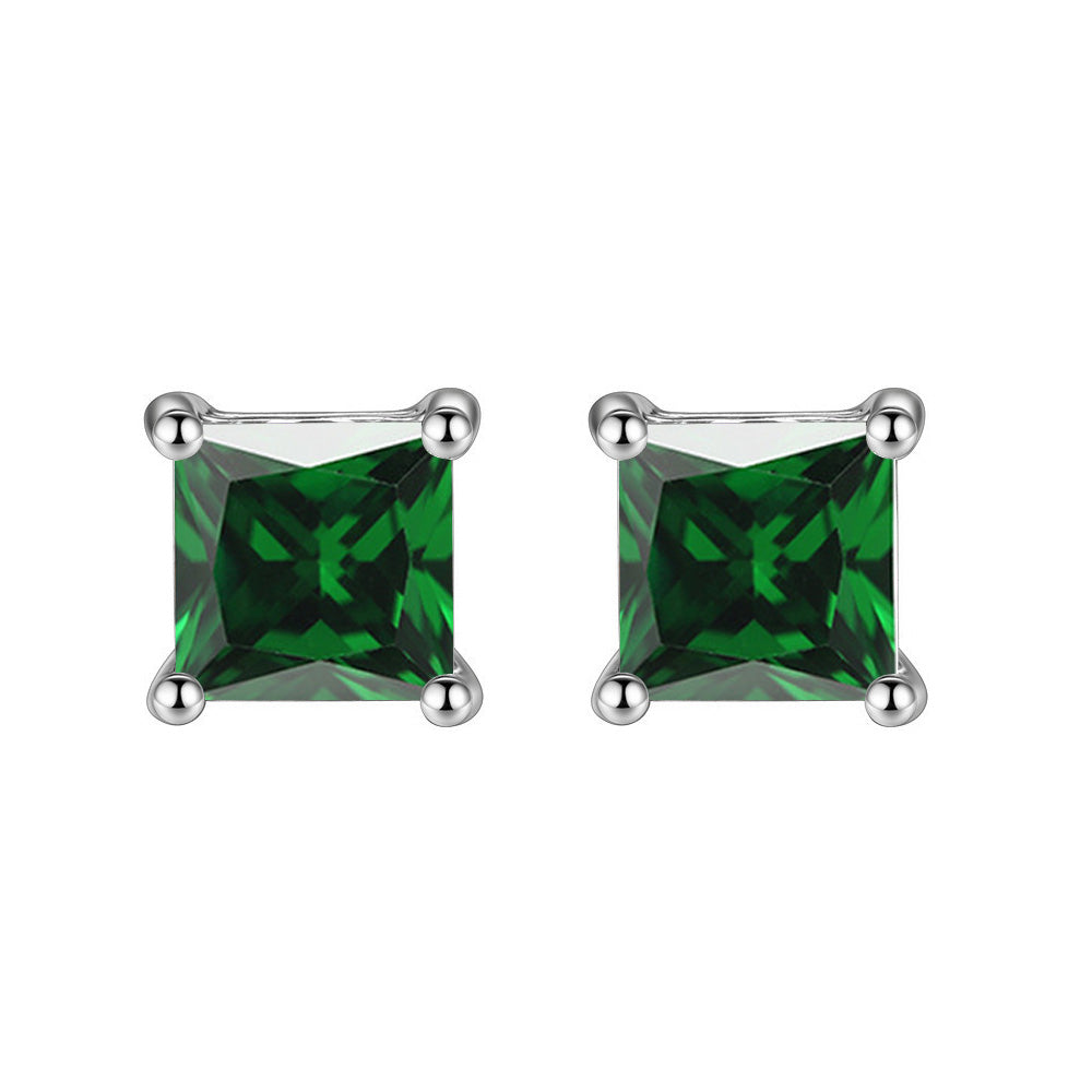 18k White Gold Plated 1/4 Carat Princess Cut Created Emerald Stud Earrings 4mm Image 1