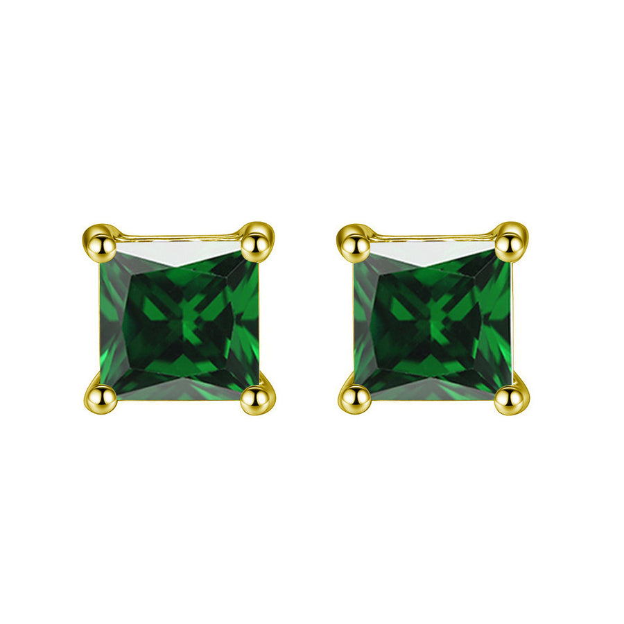 24k Yellow Gold Plated 2 Cttw Emerald Princess Cut Stud Earrings Image 1