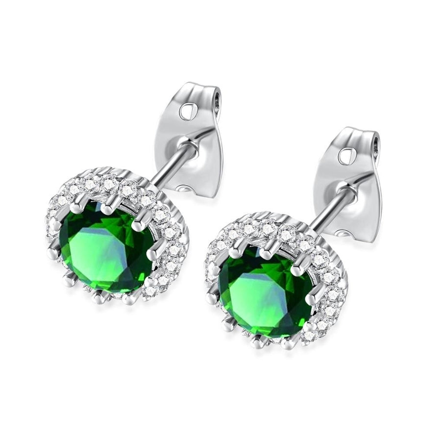 18k White Gold Plated 1/4 Carat Created Halo Round Emerald Stud Earrings 4mm Image 1