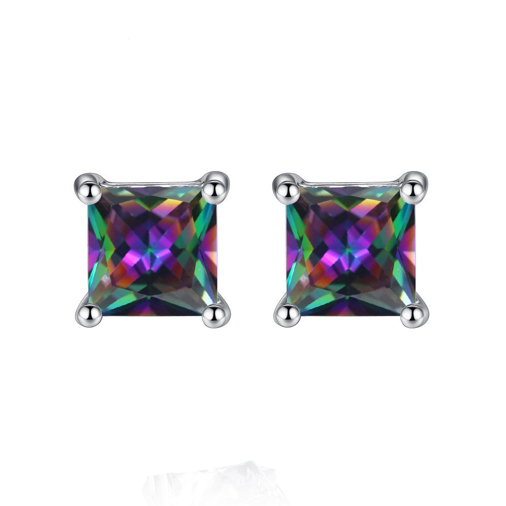 18k White Gold Plated 1/4 Carat Princess Cut Created Mystic Topaz Stud Earrings 4mm Image 1