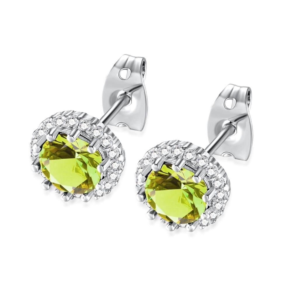 14k White Gold Plated 1/2 Ct Round Created Peridot Halo Stud Earrings Image 1
