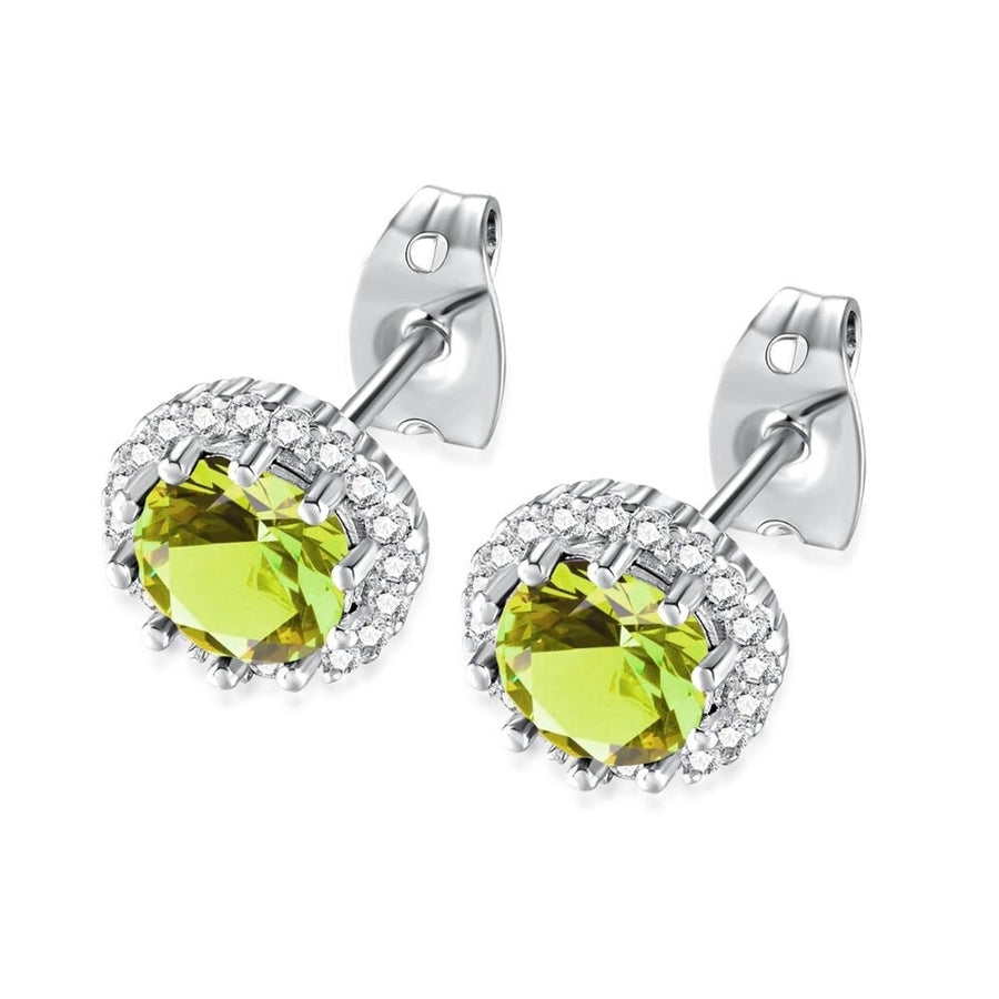 14k White Gold Plated1 Ct Round Created Peridot Halo Stud Earrings Image 1