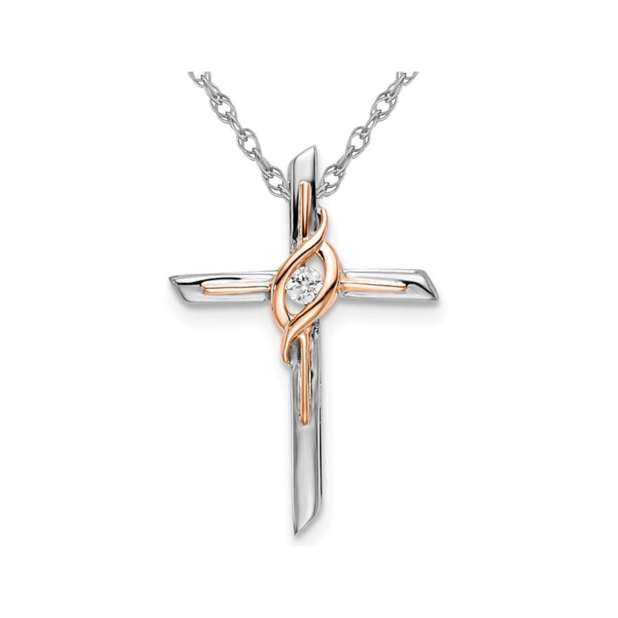 10K White and Rose Gold Cross Pendant Necklace in with Chain and Diamond Accent Image 1