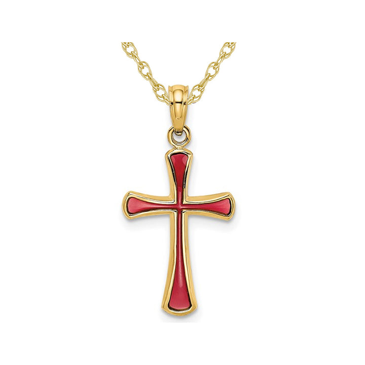 14K Yellow Gold Cross Pendant Necklace with Pink Enamel and Chain Image 1