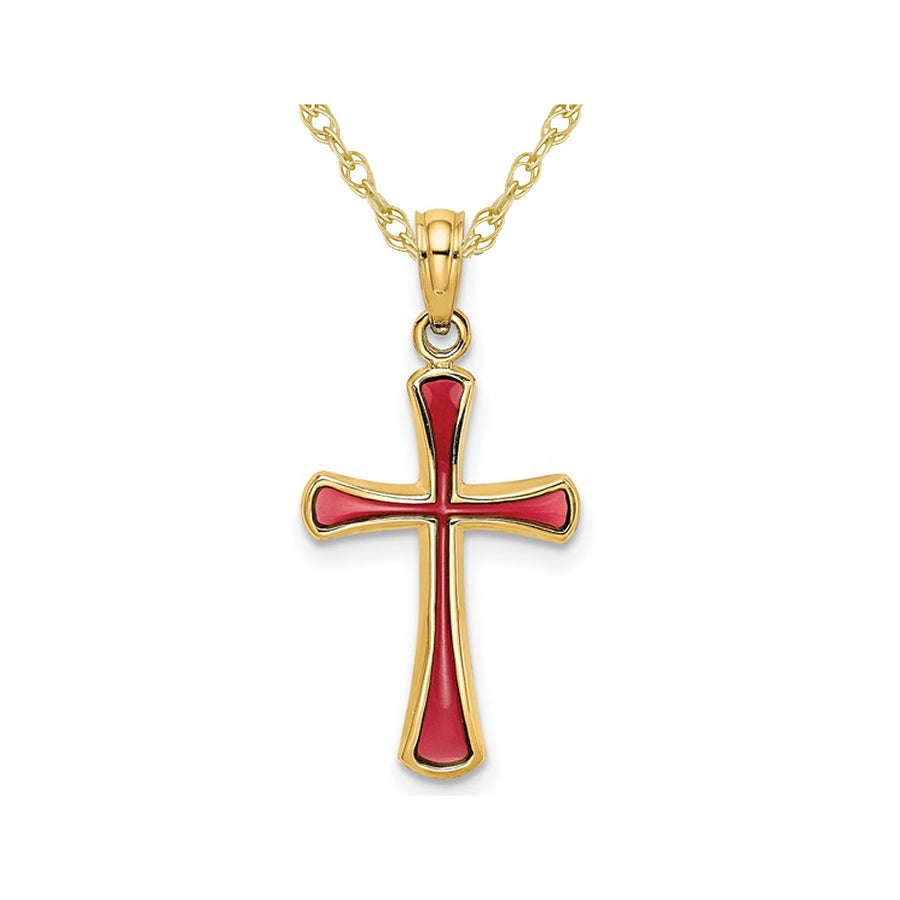 14K Yellow Gold Cross Pendant Necklace with Pink Enamel and Chain Image 1