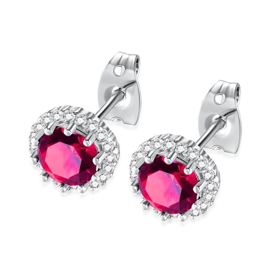 14k White Gold Plated 4 Ct Created Halo Round Ruby Stud Earrings Image 1