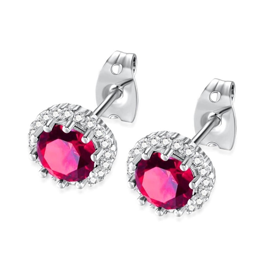 14k White Gold Plated 2 Ct Created Halo Round Ruby Stud Earrings Image 1