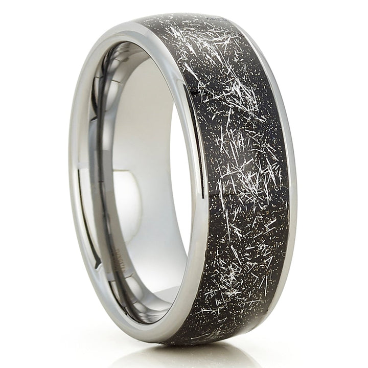 Tungsten Carbide Wedding Ring 8mm Silver Meteorite Inlay Comfort Fit Sizes 7-15 Image 1